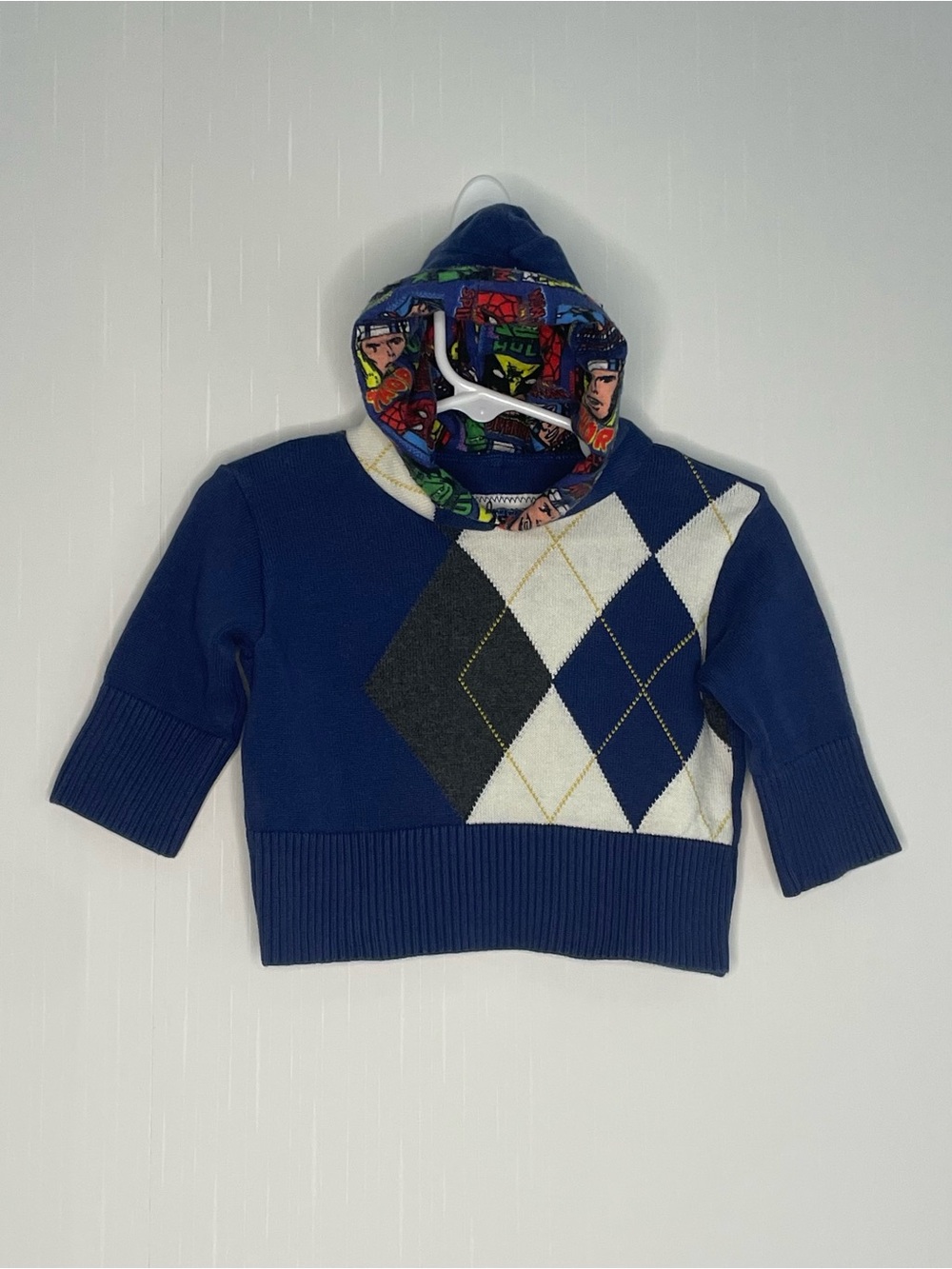 Johnny Pop Preppy Argyle Sweater Hoodie w/ Marvel Avengers Hood Liner ✔️ 6M